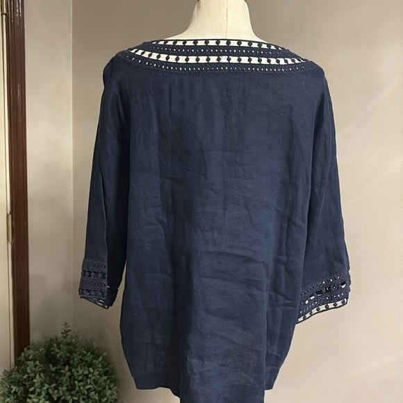 J. Jill love linen navy blue 3/4 Sleeve Blouse crochet trim relaxed fit boxy M - Picture 6 of 10
